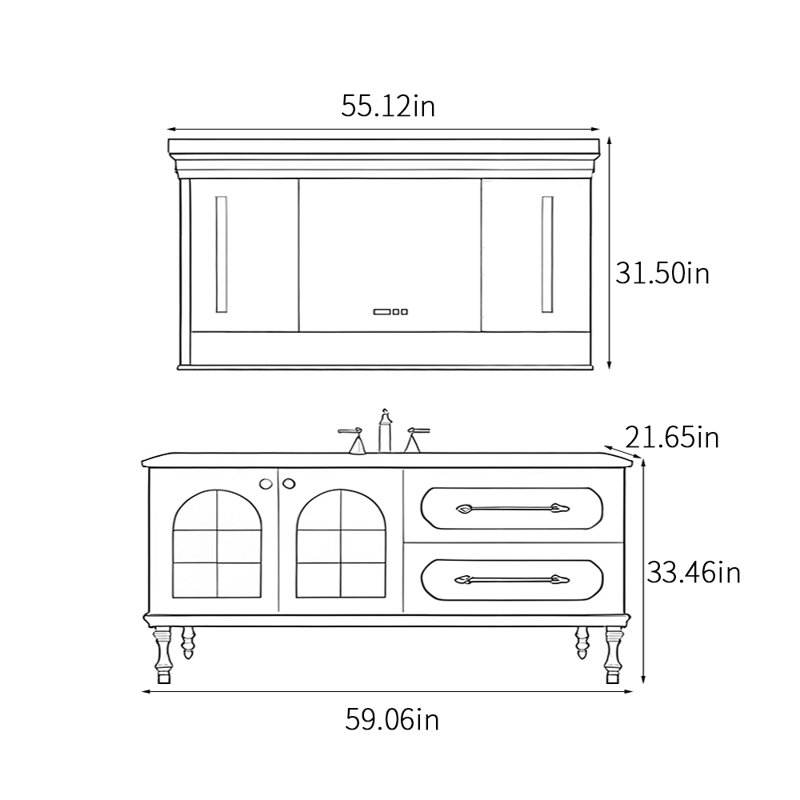 Armoire de salle de bain de style rétro français minimaliste, Blanc cassé / blanc, H 33,46 po x l 59,06 po x P 21,65 po