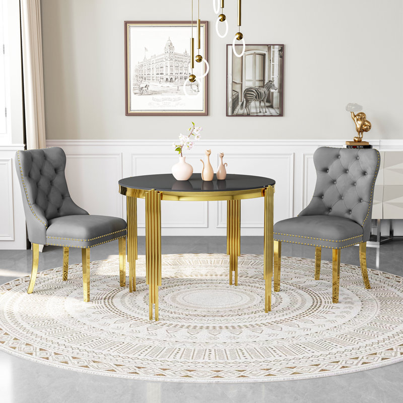 37"Modern Glass Dining Table Set, Irregular Stainless Steel Table Legs And Velvet Tufted Backrest Chairs, Black, Gray/Gold