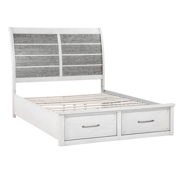 Lit plateforme antique au fini blanc et gris avec rangement pour pied de lit, Très grand lit