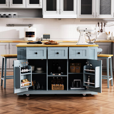 Grey Blue Kitchen Island With 5 Wheels, 3 Drawers, And A Built - In Charging Station, Along 2 Bar Stools 53 Inch Barn Doors, Open Side , Power Outlet, Paired