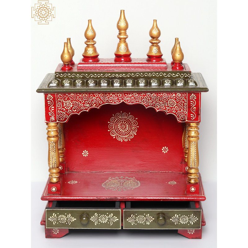 Puja Mandir en bois fabriqué à la main au Rajasthan - temple de la maison rouge et or avec tiroirs, art Aipan, autel de prière indien