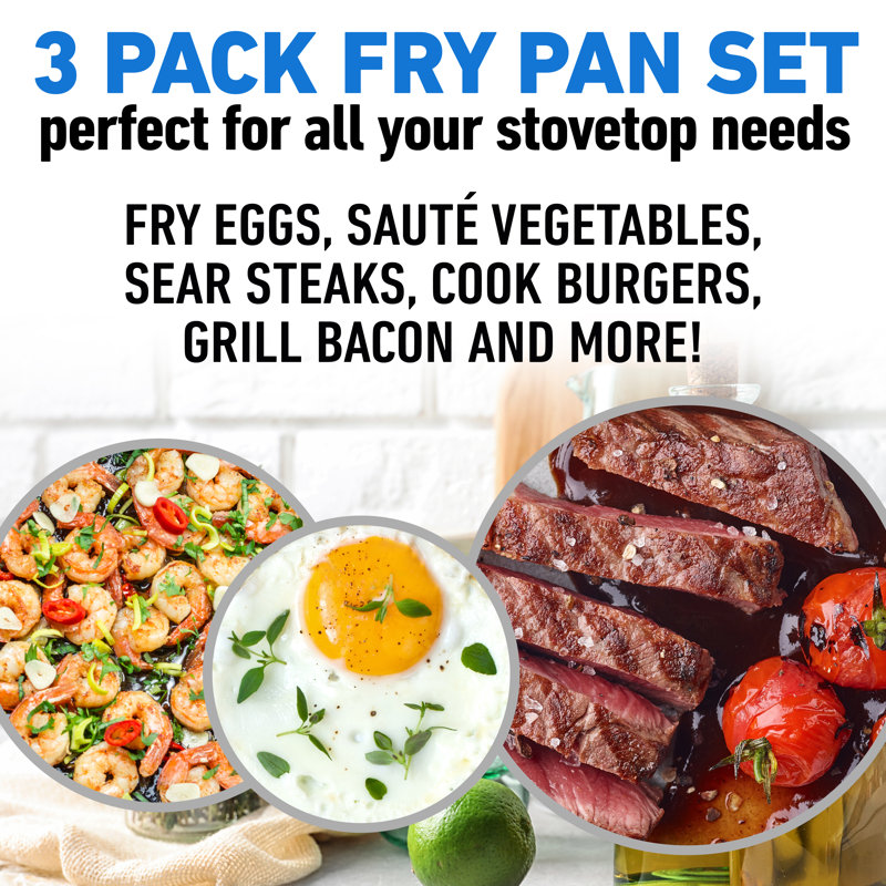 Black Aluminum Nonstick 3-Piece Frying Pan Set with Rubber Handles