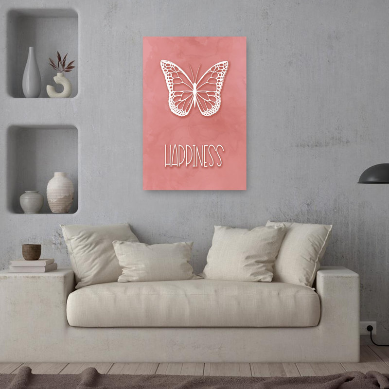 Delicate Butterfly Happiness Contemporary Elegant Minimalist Butterfly Moth Wall Art Print 1 Piece Wrapped Canvas Wall Art