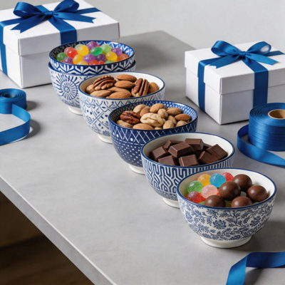 Blue and White Porcelain 20oz Cereal Bowl Set - Set of 6, 6 inch Soup Bowls, Ceramic bowls for Cereal, Soup, Salad and Pasta