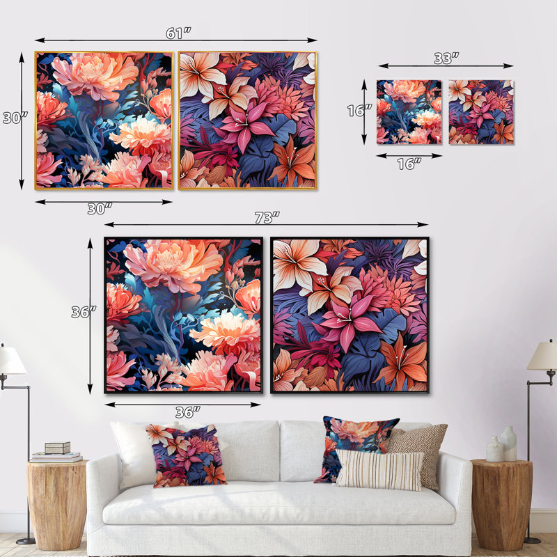 Coral Mirage - motif tropical II - ensemble de 2 collages carrés floraux, H 16 po x l 33 po, Cadre flottant doré
