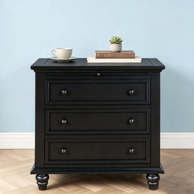 Pine Nightstand with Pull-Out Tray, Farmhouse 3-Drawer Bedside Cabinet with Turned Legs