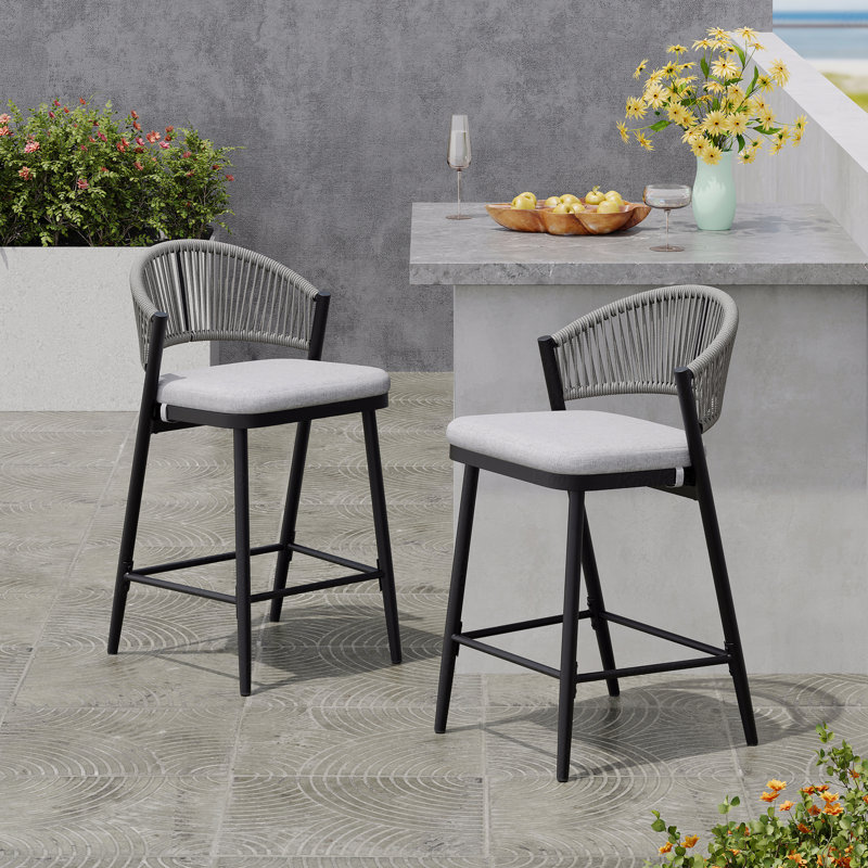 Set Of 2 Outdoor Patio Counter Stools, 26" Seat Height Metal Frame With PE Rattan Scallop-Shaped Backrest, 26", Dark Gray