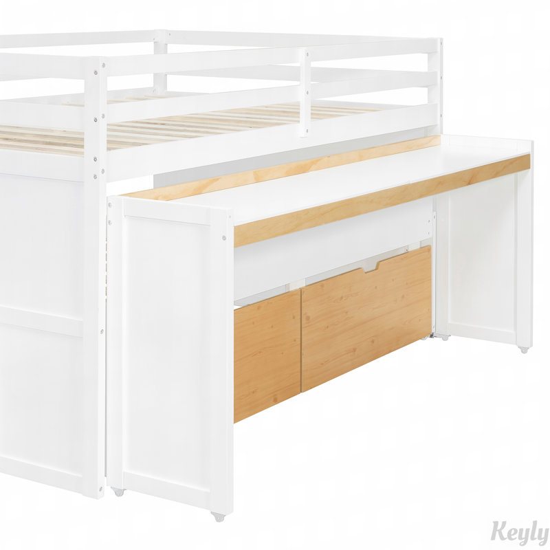 Lit mezzanine avec bureau coulissant, lit gigogne et marches de rangement, Double XL, Blanc