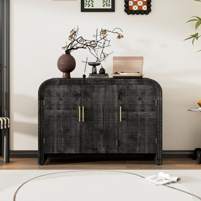 Dining Area Console Sideboard - Retro Minimalist, Antique Black, Adjustable Dividers Graceful Curved Sideboard, Spacious Cabinets, Black