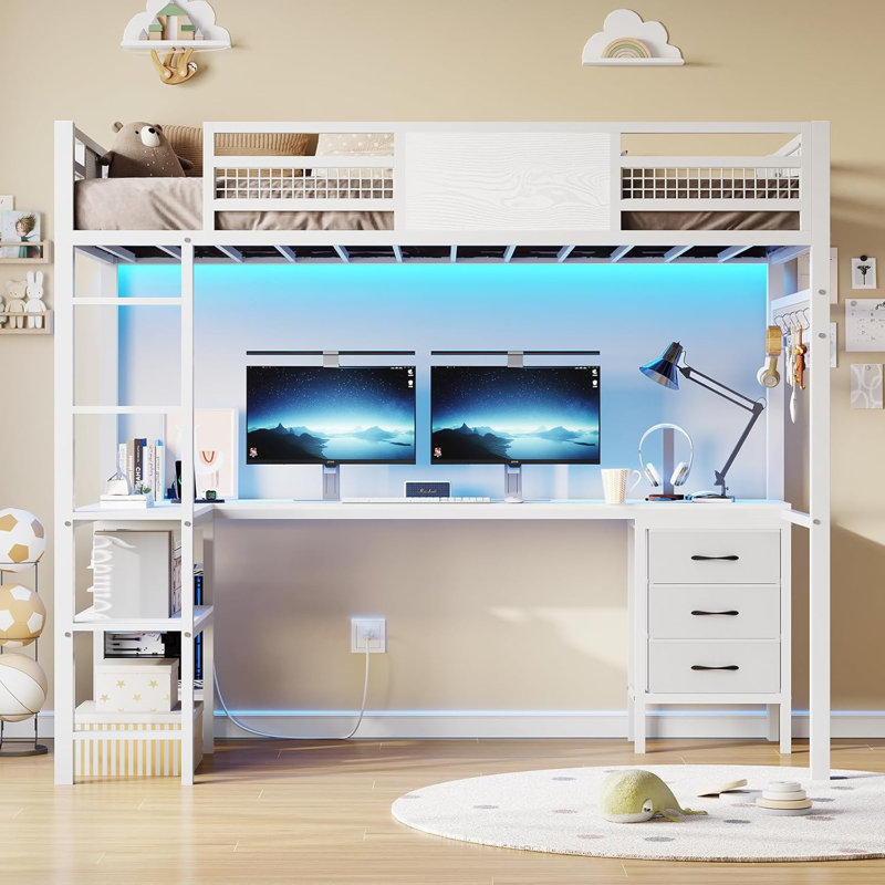 Loft Bed With L-shaped Desk, Bed Frame With Led Lights & Charging Station, 3 Fabric Drawers, Full, White