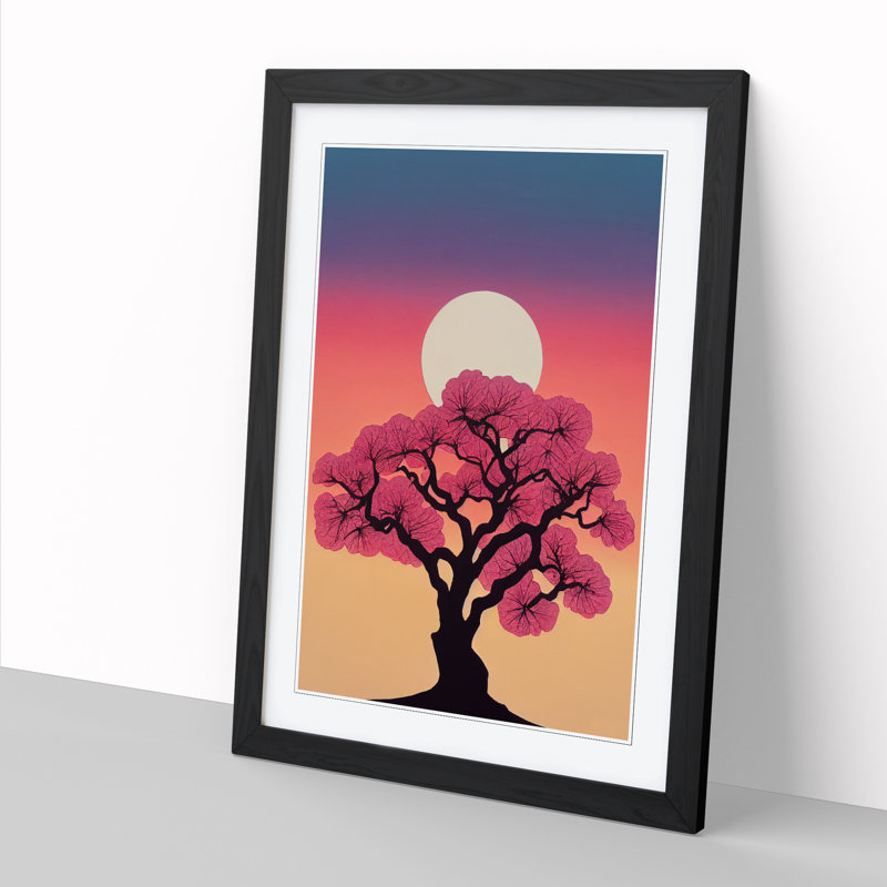 Peach Blossom Tree Silhouette - Single Picture Frame Print, 64cm H x 46cm W x 2cm D, Oak