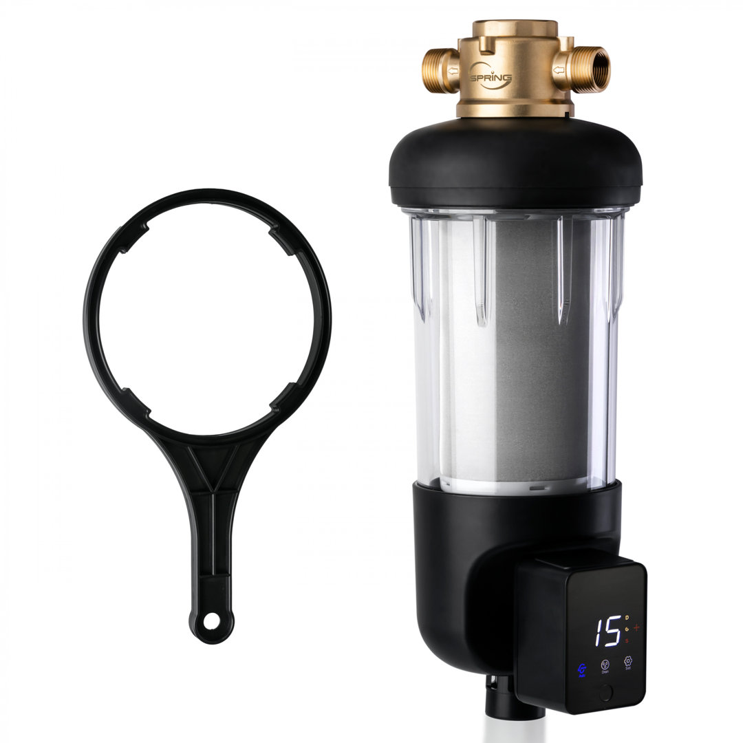 iSpring WSPARJ, NSF Certified, Spin-Down Sediment Water Filter, Upgraded Jumbo Size, Large Capacity, Reusable with Touch-Screen Auto Flushing Module, Brass Top Clear Housing, 50 Microns iSpring Water Systems