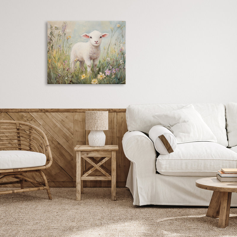 Agneau blanc sur toile de fleurs douces, design par Petal Prints Design, H 16 po x l 20 po