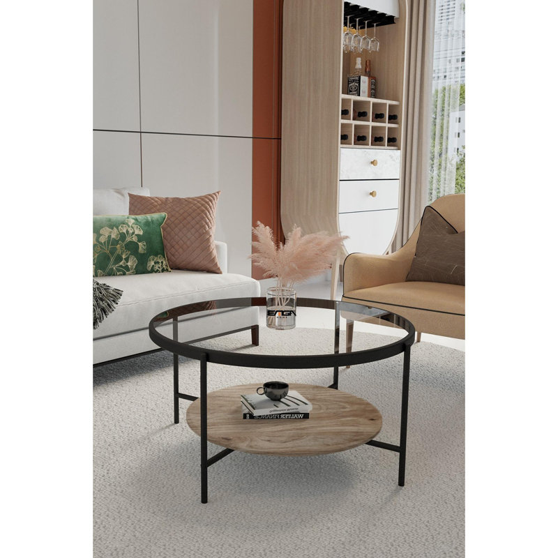 Table basse, Pin antique / noir, Transparent