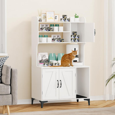 52In White Cat Litter Box Enclosure With Shelves & Doors Sturdy Wood Hidden Litter Box Cabinet Multi-Functional Indoor Cat House Furniture & Storage Organizer