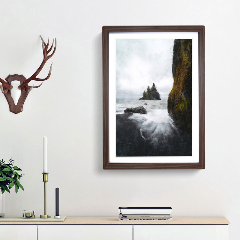 Ocean View from Black Sand Beach Iceland - Picture Frame Painting Print, 33cm H x 24cm W x 2cm D, Walnut Framed