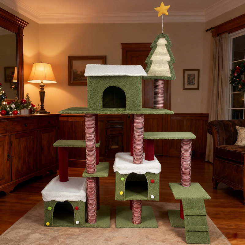 Tour pour arbre à chat festive avec plateformes multi-niveaux et cachettes douillettes pour chats d'intérieur