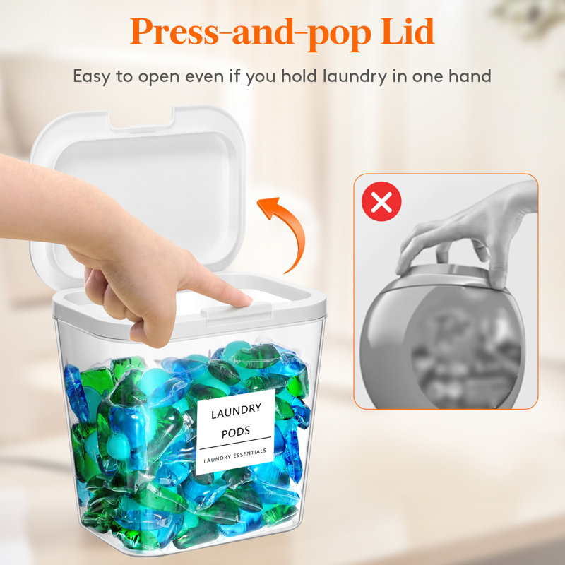 4 Pack Laundry Pods Container & Dryer Sheet Holder Sets, Laundry Powder Container With Press-to-open Lid, Laundry Room Organization And Storage For Bead, Scent Booster With Labels And Spoons