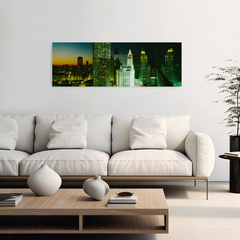 Nuit, Chicago, ville abstraite, architecture contemporaine, art mural, H 16 po x l 48 po