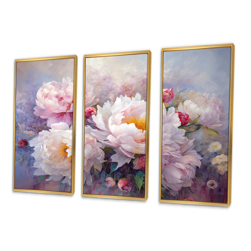 Ensemble de salon art mural pivoines roses et blanches I, Cadre flottant doré, H 28 po x l 36 po x P 1 po