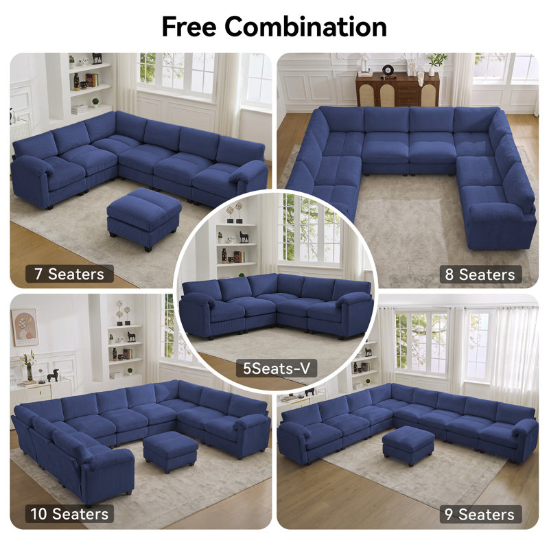 Canapé modulaire 8 places avec accoudoirs coussinés et repose-pieds, 8 sièges + 1 repose-pieds, Chenille bleu