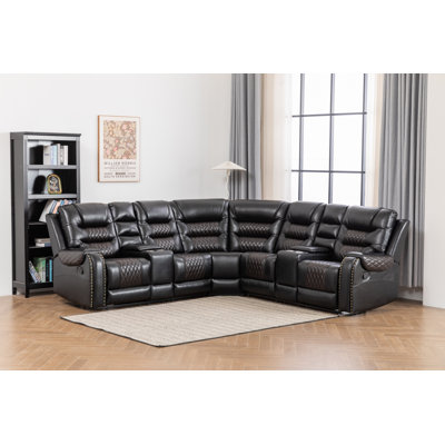 Ilia 96.8" Wide 3 - Piece Vegan Leather Power Reclining Sectional with Console Storage & Cup Holder