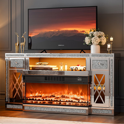 Silver Mirrored Fireplace Tv Stand, Modern Tv Stand Entertainment Center With Fireplace - Large Storage, Led Lights, Adjustable Heat & 3D Flame Effect, Crushed Diamonds, Fits Tvs Up To 65"+