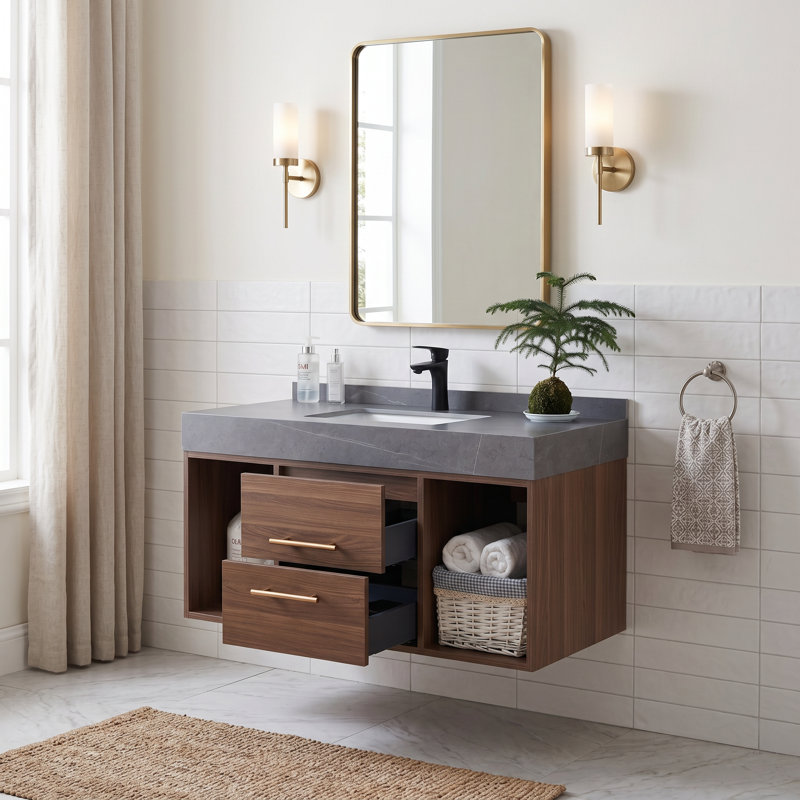 40" Modern Floating Single Bathroom Vanity Set with Sintered Stone Top and Undermount Ceramic Sink