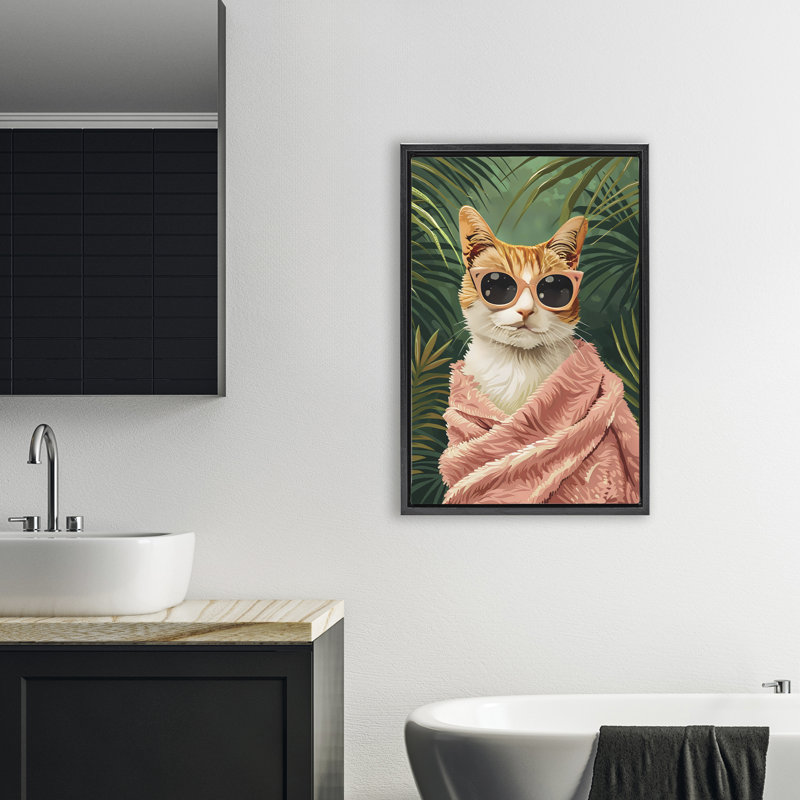 Cadre flottant Cozy Cat and Tropical Plants, design par LSR Design Studio, H 31 po x l 21 po, Cadre flottant noir de jais