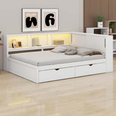 Wood Daybed with Storage Shelves, 2 Drawers, LED Lighting & USB Charging Station