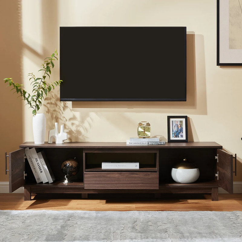 Entertainment Center TV Stand For TV Ups To 70” Mid Century TV Console Media Console with Storage, Dark Brown Wood