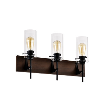 3-Light Matte Black and Wood Vanity Light Fixture with Clear Glass Shades