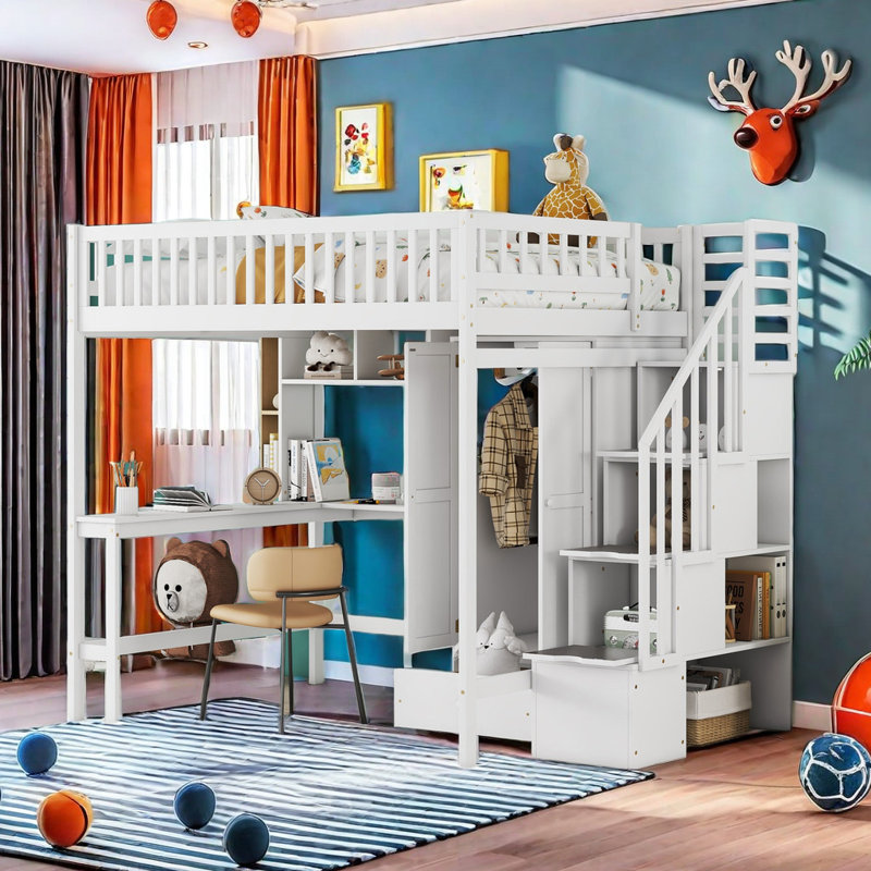 Lit mezzanine double avec tiroirs Kahlie Kids, Blanc