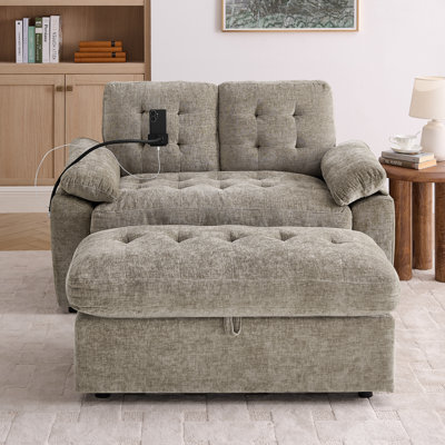 56" Corduroy Upholstered Reclining Loveseat With Adjustable Backrest, USB Port, Phone Holder & Storage Ottoman