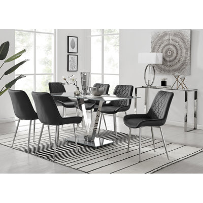 Ransart Modern Luxury Glass & Metal Dining Table Set With 6 Luxury Velvet Dining Chairs