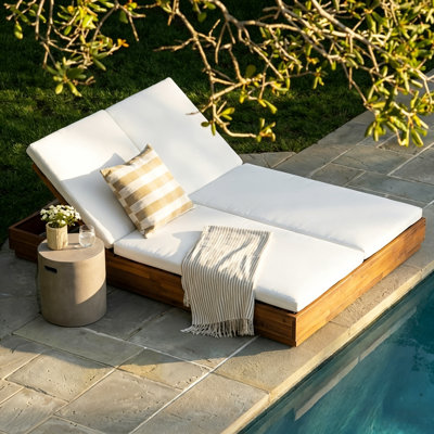 Torin Patio Acacia Wood Double Chaise Lounge with Cushions & 5 Adjustable Positions