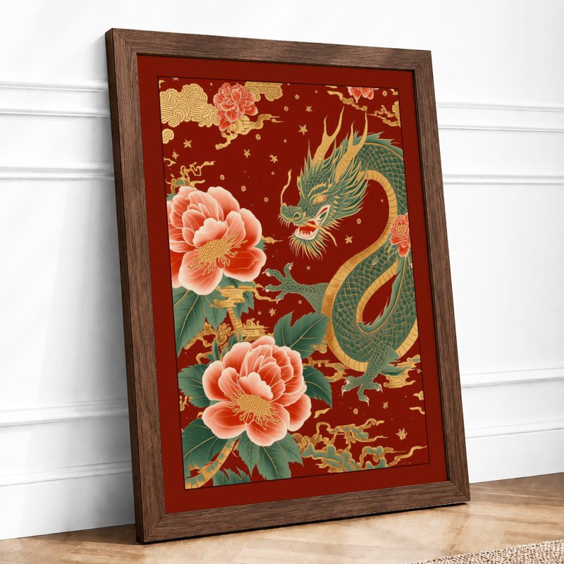 Dragon Among Peonies Japandi - Framed Print, Walnut, A4 - 29.7 x 21.0 cm