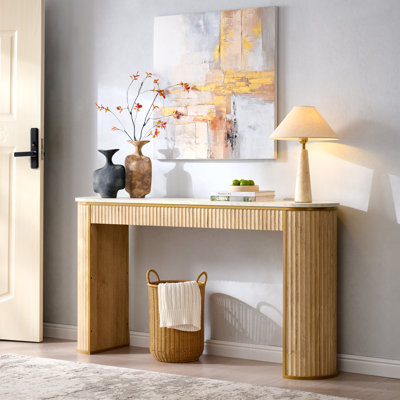 63" Modern Fluted Console Table, Narrow Entryway Sofa Table With Marble-Pattern Top For Living Room Hallway Foyer