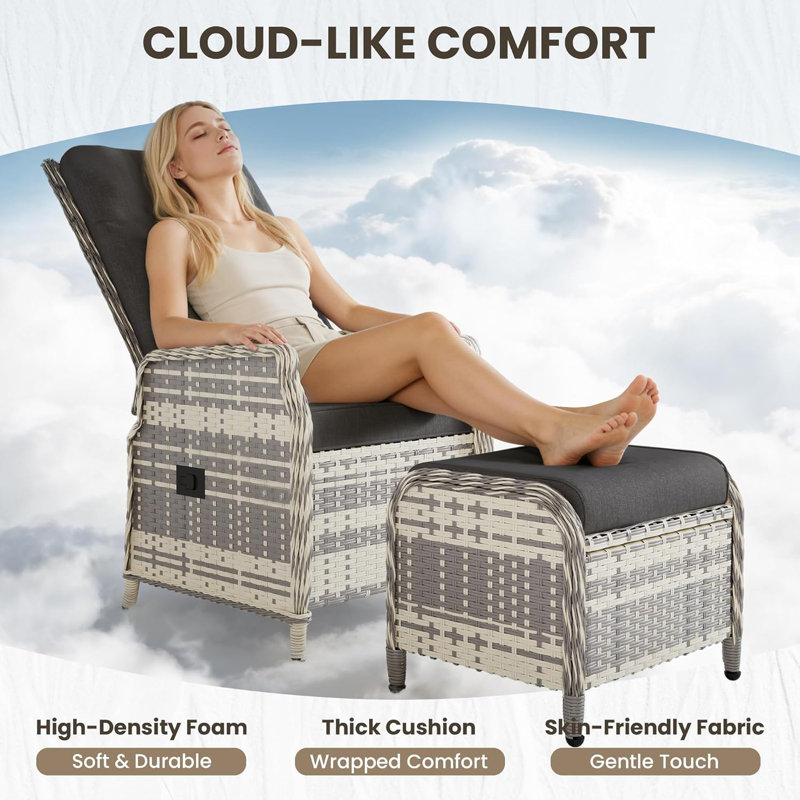 Outdoor Lounge Chair with Ottoman, Black