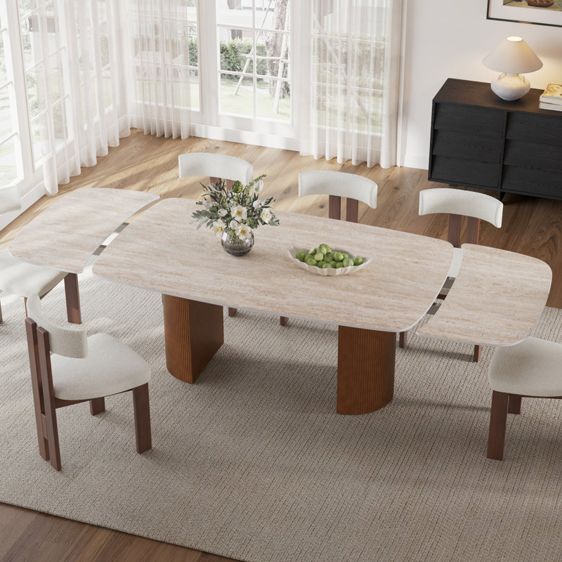 94.49" Extendable Sintered Stone Dining Table for 10 Seats, Rectangular Expandable Dining Table with Solid Wood Base, Modern Extendable Dining Table