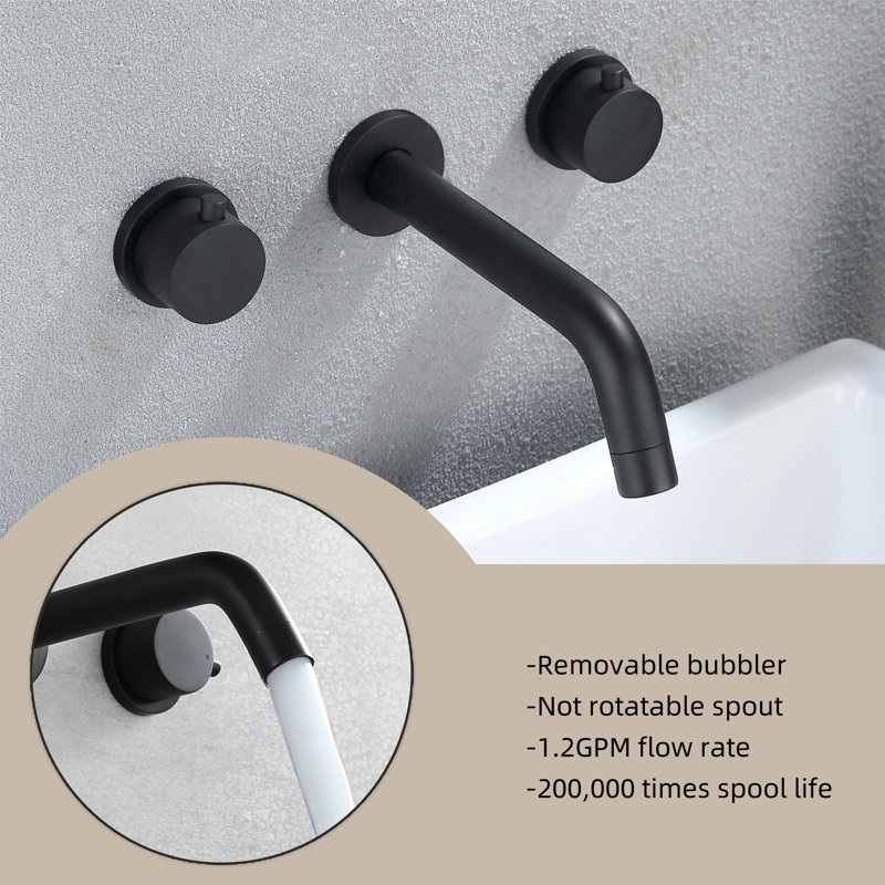 Round Wall-Mounted Bathroom Basin Faucet With Dual Handles 3-Hole, Matte Black