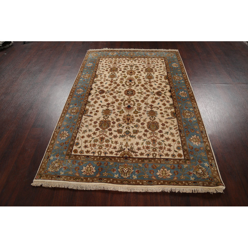 Tapis ivoire en laine noué à la main de conception unique 4 pi 2 po x 6 pi 2 po New Age