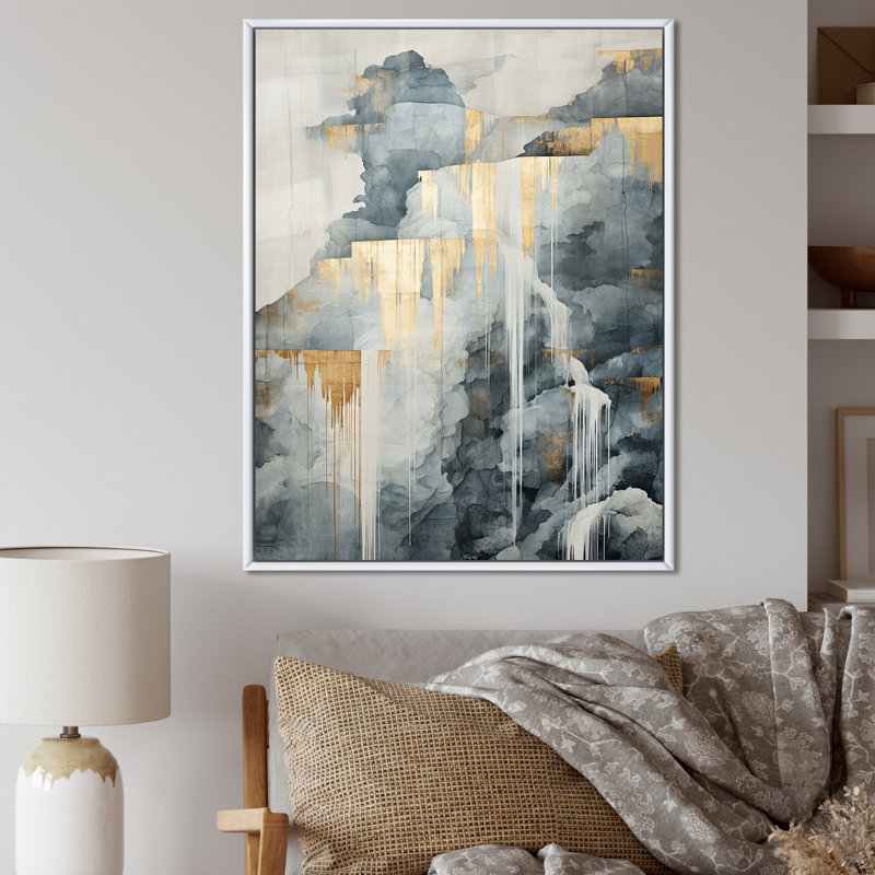 Or et gris cascade aventure sur toile, H 44 po x l 34 po x P 1,5 po, Cadre flottant blanc