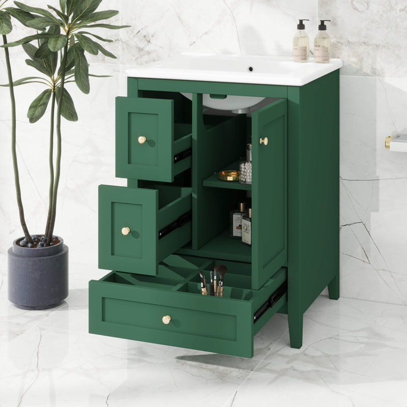 Armoire de salle de bain moderne avec 3 tiroirs, séparateurs amovibles et tablette réglable, Vert foncé