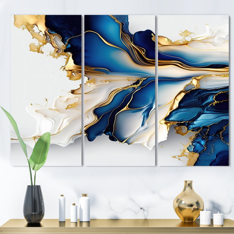 " Abstract Geode Gold And Blue Marble Shape III " 3 - Pieces on Canvas