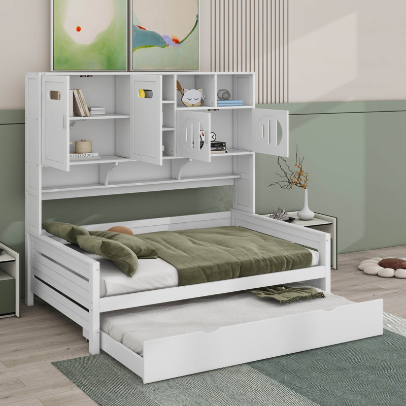 Lit de jour en bois pleine grandeur avec lit gigogne simple, armoire et tablette tout-en-un, Blanc