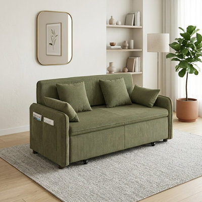 Causeuse-lit convertible à accoudoirs carrés de 66 po avec lit escamotable et coussins décoratifs Corduroy