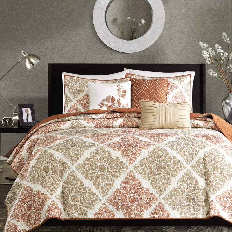 Courtepointe réversible 6 pièces - double / grand, motif de feuilles imprimées, courtepointe en microfibre, revers en tissu doux, détails sur les coussins