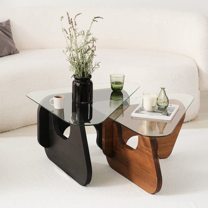 Modern Nesting Table Set (2 Pieces), Black & Chestnut, 37.0 x 15.4 x 28.3 inches & 33.9 x 14.2 x 24.0 inches | 100% Tempered Glass Top, 100% Pine Solid Wood Frame | Stylish Compact Design for Home & Office Use