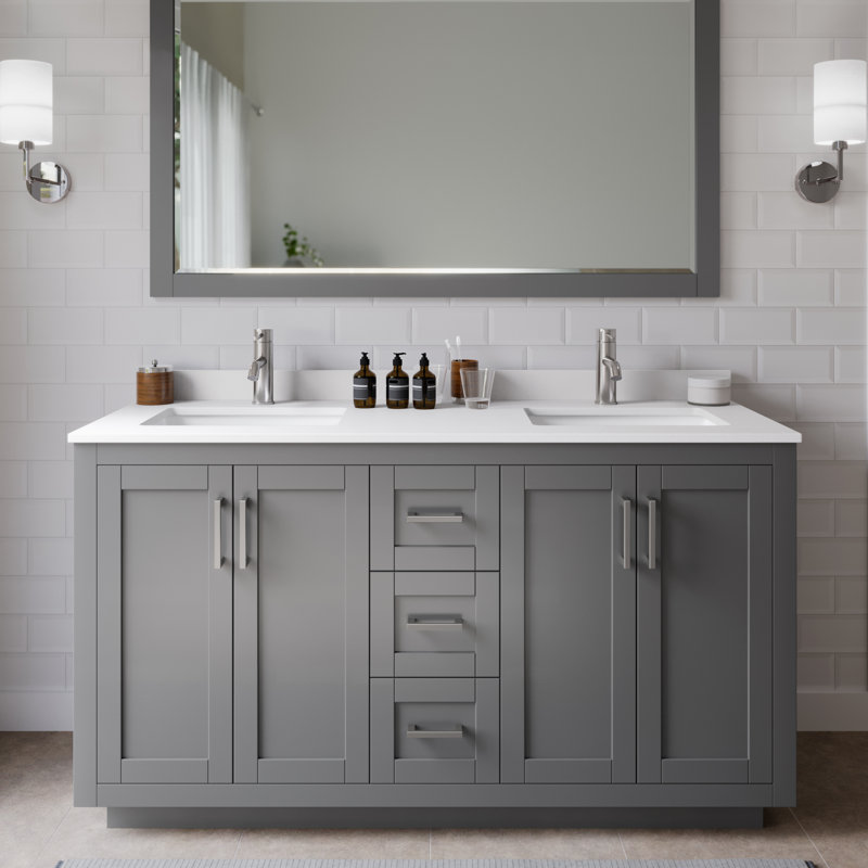 Ensemble de meuble-lavabo double 60 po avec plateau en marbre de culture Miranda, Marbre de culture blanc, Gris foncé